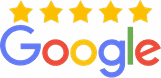 Google logo with five gold stars above it, indicating excellent customer reviews and ratings.